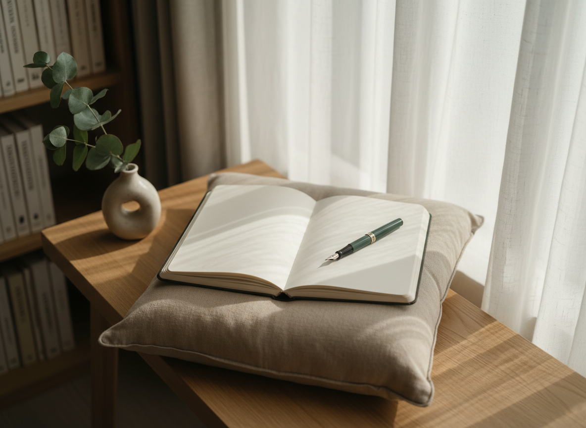 A peaceful reading corner symbolizing self-reflection: an open hardcover journal with cream, unlined pages resting on a natural linen cushion atop a light oak bench. A dark-green fountain pen lies diagonally across the page, and a sprig of eucalyptus peeks into the frame from a simple ceramic vase nearby. The setting is next to a tall window framed by sheer, off-white curtains, with late afternoon sunlight creating soft, diagonal beams across the pages and bench. Background shelves with neatly arranged, neutral-toned books are blurred into a soft bokeh. Captured at a three-quarter overhead angle, the composition feels intimate and contemplative. Photographic realism, muted colors, and a calm, orderly atmosphere make the space feel ideal for introspection and emotional growth.