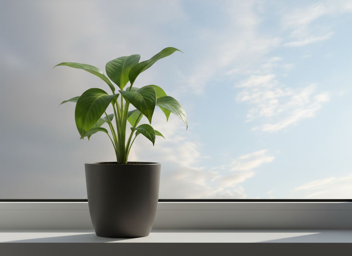 A visual metaphor for moving out of depression: a single healthy green plant with broad, vibrant leaves emerging from a matte charcoal planter, positioned on a windowsill. Outside the window, the scene transitions subtly from a gray, overcast sky on one side to a brighter, soft blue sky with light clouds on the other, suggesting emotional shift. Gentle morning light enters from the brighter side, illuminating the leaves and highlighting their veins, while the planter casts a soft shadow on the white sill. Shot from an eye-level side angle, the plant is framed slightly off-center following the rule of thirds. Photographic realism and a minimalist, modern style create a hopeful, quietly uplifting mood that feels both grounded and professional.