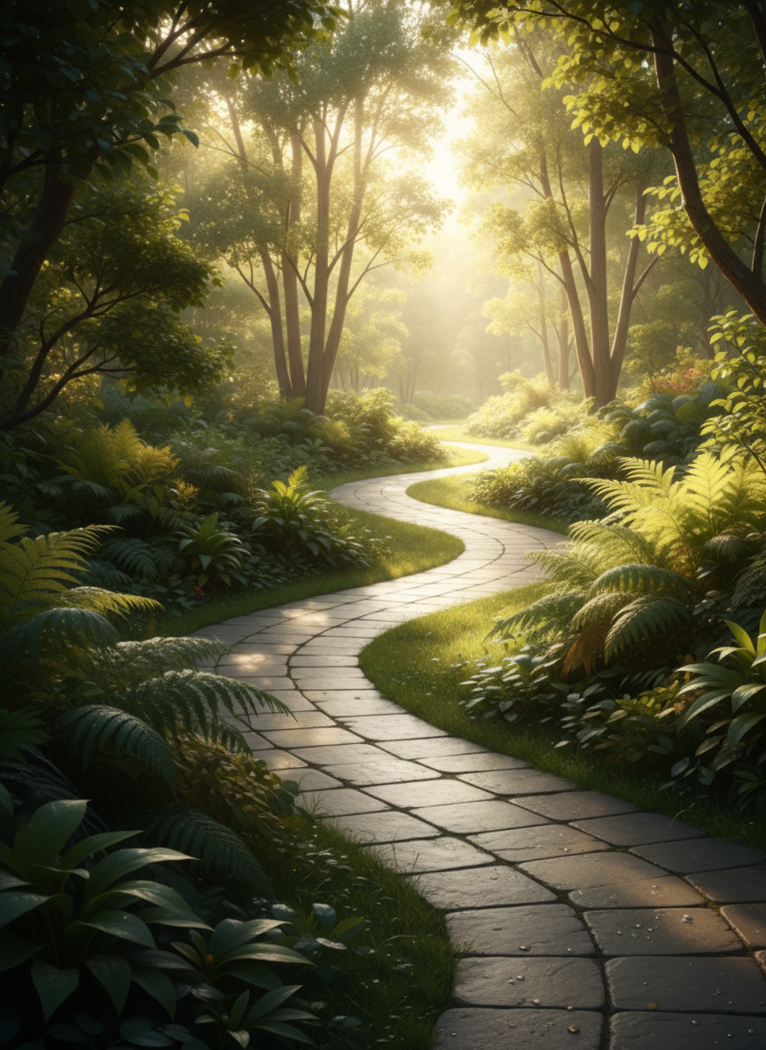 A symbolic “greener path” scene: a gently curving stone pathway of smooth, light-gray pavers leading through a lush, sunlit garden filled with various shades of green foliage. The path begins in a slightly darker, more shaded foreground and gradually moves toward a brighter, open clearing in the distance, suggesting progress and hope. Soft golden-hour sunlight filters through tree branches, creating dappled light patterns on the stones and leaves. Captured from a low, forward-facing angle that invites the viewer to mentally step onto the path. The composition follows the rule of thirds, with the path drawing the eye forward. The photographic realism and serene atmosphere reinforce a sense of transformation, healing, and a way forward.