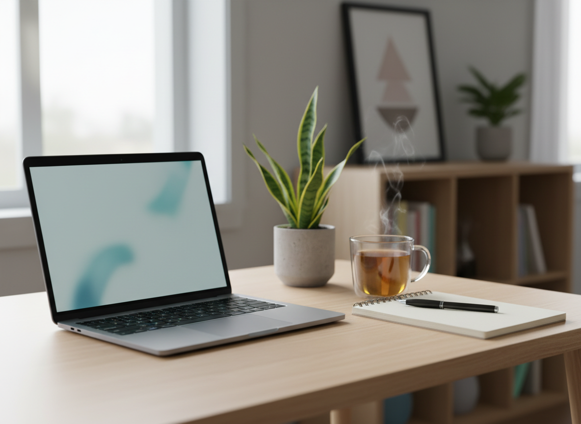 A serene desktop scene representing telehealth therapy: a slim silver laptop open on a light birch wood desk, screen softly glowing with a blurred, neutral interface to avoid any human imagery. Beside it sits a neatly arranged spiral notebook with a pen, a steaming herbal tea in a clear glass mug, and a small potted snake plant in a concrete planter. The desk is near a large window, with diffused morning light illuminating the workspace and creating soft reflections on the laptop surface. Background elements like a tidy bookshelf and a framed abstract print are softly out of focus. Photographic realism, eye-level composition, and a clean, modern aesthetic create a calm, focused, and professional mood ideal for virtual counseling.