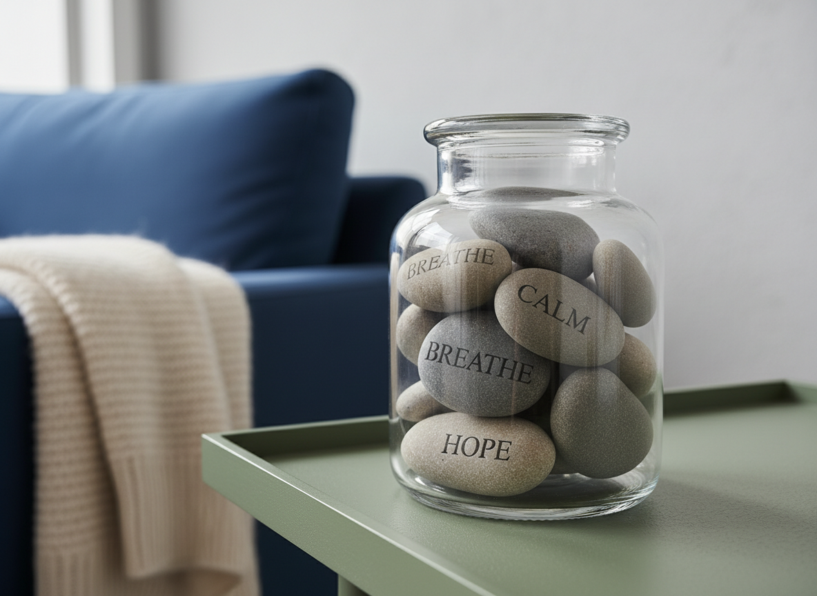 An image symbolizing relief from anxiety: a close-up of a clear glass jar filled with smooth, polished stones engraved with gentle words like “breathe,” “calm,” and “hope,” arranged on a matte sage-green side table. Behind the jar, a softly textured light-gray wall and the blurred outline of a cozy, deep-blue sofa with a folded blanket create a soothing backdrop. Natural daylight from an unseen window washes across the scene, highlighting the subtle textures of glass, stone, and fabric while casting faint, soft-edged shadows. Shot from a slightly elevated angle with shallow depth of field, the focus stays on the jar and stones. The mood is reassuring and grounded, with photographic realism and a minimalist, therapeutic aesthetic.
